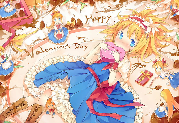 Anime, Touhou, Alice Margatroid, Blonde, Blue Eyes, Boots, Cake, Chocolate, Doll, Dress, Flower, Gift, Shanghai, Valentine's Day, HD wallpaper