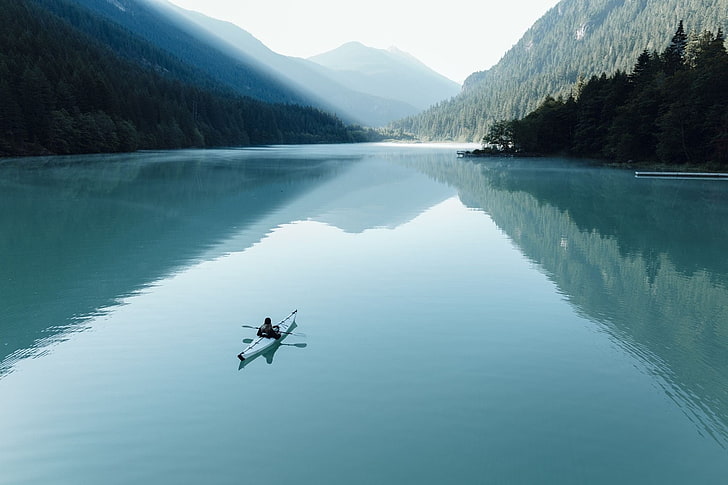 white kayak, nature, photography, landscape, lake, mountains, forest, morning, kayaks, calm waters, reflection, sunlight, Washington state, HD wallpaper