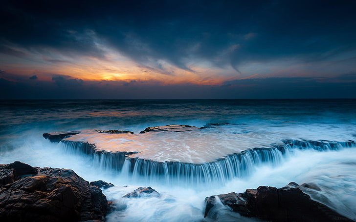 Sunset Ocean Wave Platte Aus Vulkangestein Wasserfall-Effekt Vinh Hy Bucht Ninh Thuan Vietnam Hd Wallpaper Für Handys Und Computer 3840 × 2400, HD-Hintergrundbild
