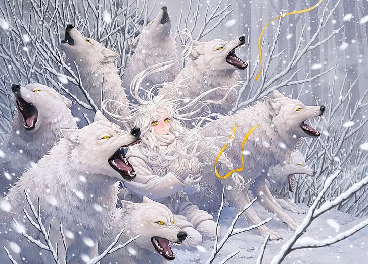 predators, wool, mouth, fangs, grin, baby, yellow eyes, a pack of wolves, mater, kneeling, wolf howl, cold frost, HD wallpaper