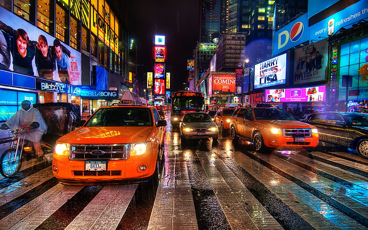 night, new York, usa, nyc, Times Square, Rain Dance, HD wallpaper