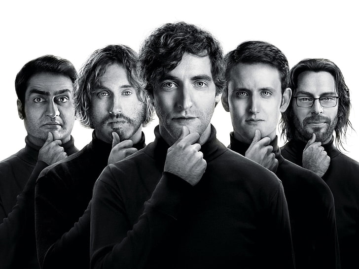 Fünf Männer im schwarzen Anzug, Silicon Valley, Aly Mawji, Aly Dutta, Jake Broder, Dan Melcher und Andy Buckley, Carl Fleming, HD-Hintergrundbild