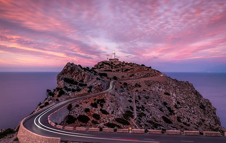 Sunset, Spain, Lighthouse, Mallorca, Light Trails, HD wallpaper