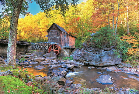 otoño, babcock, creek, claro, molino, molino, naturaleza, parque, estado, piedras, estados unidos, virginia, oeste, Fondo de pantalla HD HD wallpaper