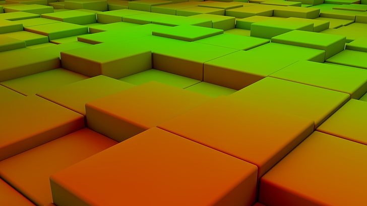 зелен и оранжев дигитален тапет, кубчета, пространство, фон, светлина, HD тапет