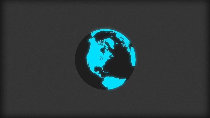планета дигитален тапет, минимализъм, глобуси, свят, светещ, син, циан, неон, сив, сив фон, Северна Америка, Атлантически океан, HD тапет