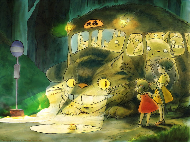 Ilustracja postaci Totoro, Hayao Miyazaki, Satsuki, Mei, The cat bus, My neighbour Totoro, Tapety HD