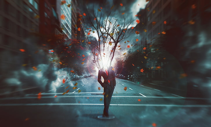 osoba w czarnym garniturze z rosnącym nagim drzewem na głowie tapeta cyfrowa, mężczyzna, miasto, surrealizm, drzewo, liście, światło, przemijanie, sztuka cyfrowa, Tapety HD