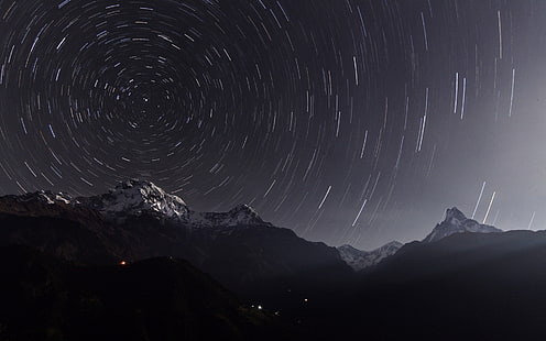 Замедленная съемка Звезды Горы Ночное вращение HD, вершина ледника в ночное время, природа, ночь, горы, звезды, замедленная съемка, вращение, HD обои HD wallpaper