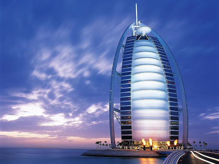 paesaggio urbano, Dubai, città, urbano, hotel, nuvole, edificio, Burj Al Arab, blu, mare, luci, architettura, architettura islamica, Sfondo HD