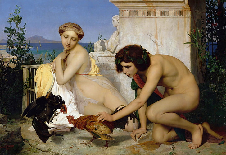 man touching rooster illustration, picture, mythology, Jean-Leon Gerome, Young Greeks Cock Fight, HD wallpaper