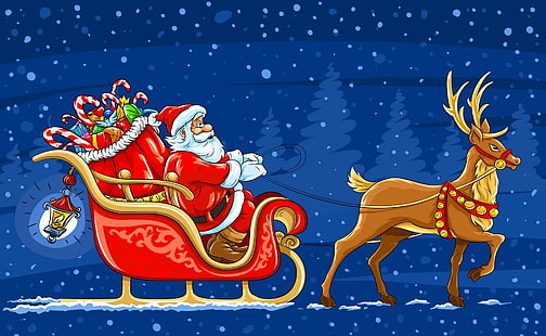 new year, christmas, santa, claus, sleigh, reindeer, gifts, postcard, new year, christmas, santa, claus, sleigh, reindeer, gifts, postcard, HD wallpaper HD wallpaper