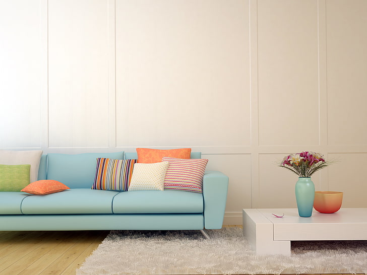 sofá azul, design, sala, sofá, móveis, interior, HD papel de parede