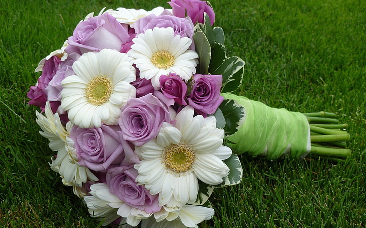 흰색과 분홍색 장미와 데이지 꽃다발, 거베라, 장미, 꽃다발, 장식, HD 배경 화면