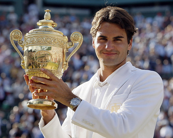 เสื้อคลุมสีขาวของผู้ชายโรเจอร์เฟเดอเรอร์นักเทนนิสสวิตเซอร์แลนด์ถ้วยรางวัล, วอลล์เปเปอร์ HD