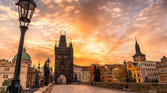 プラハ、ヨーロッパ、日没、都市景観、カレル橋、チェコ共和国、建物、素晴らしい、風景、見事な、 HDデスクトップの壁紙 HD wallpaper