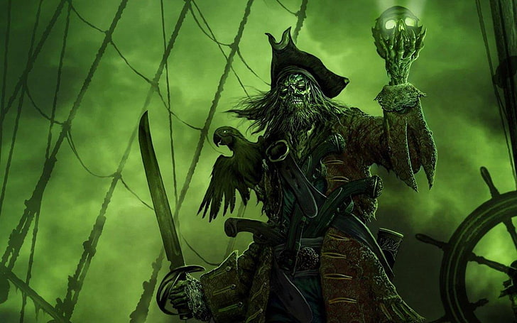 скелет мужчина держит обои лампы черепа, море, старый корабль, пираты, зеленый, жуткий, фэнтези-арт, HD обои