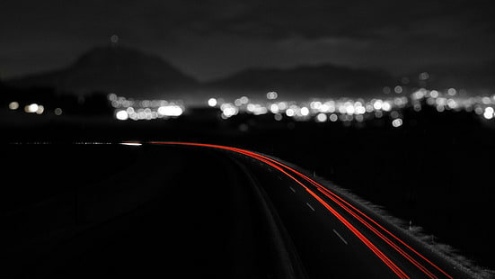 road, night, lights, bokeh, traffic, long exposure, HD wallpaper HD wallpaper