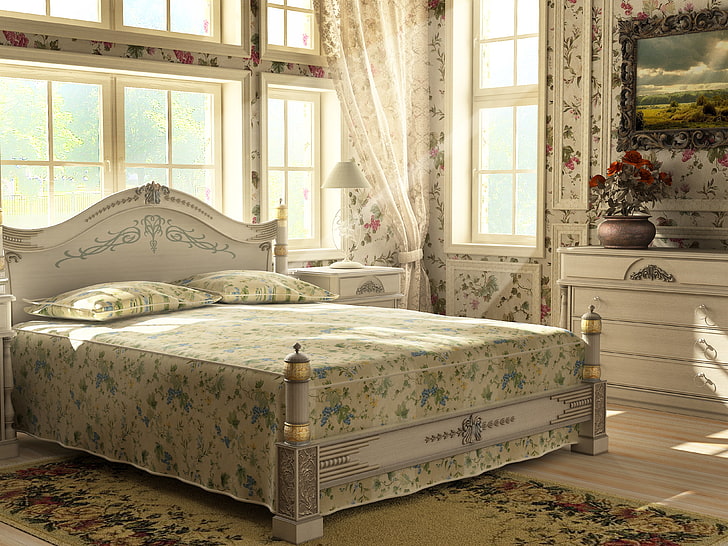 bingkai tempat tidur kayu abu-abu dan kasur bunga hijau, bunga, karpet, gambar, bantal, jendela, tempat tidur, lampu, meja, tirai, vas, Wallpaper HD