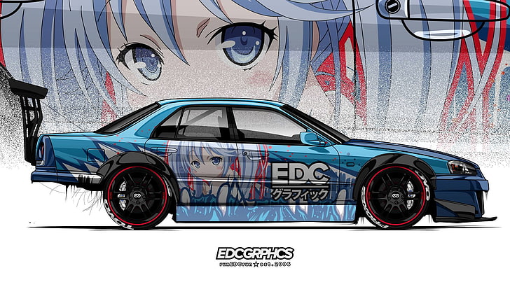 EDC Graphics, Nissan Skyline ER34, render, Nissan, Japanese cars, anime girls, JDM, HD wallpaper