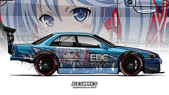 EDC Graphics, Nissan Skyline ER34, render, Nissan, japońskie samochody, anime girls, JDM, Tapety HD HD wallpaper