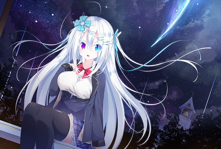 anime girl, bicolored eyes, falling star, sky, night, long hair, Anime, HD wallpaper