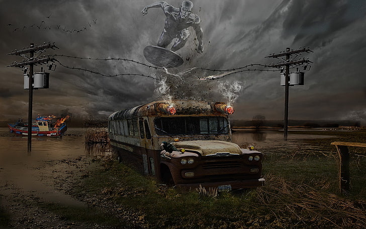 Ilustración de autobús amarillo sobre hierba, autobuses, la oscuridad, pantano, Photoshop, manipulación de fotos, Fondo de pantalla HD