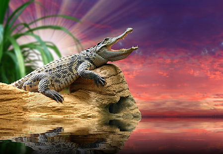  nature, dawn, blur, crocodile, animals, pond, bokeh, alligator, travel, ., my planet, Caiman, Right Here Right Now, 350 billion years ago, HD wallpaper HD wallpaper