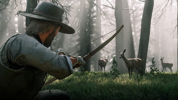 forest, hat, bow, hunting, deer, Rockstar, Bandit, Red Dead Redemption 2, HD wallpaper