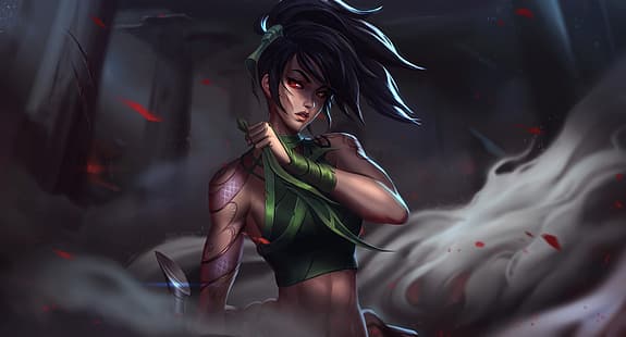  Unstable Anomaly, drawing, League of Legends, Akali(League of Legends), dark hair, green clothing, body paint, smoke, wind, red eyes, HD wallpaper HD wallpaper