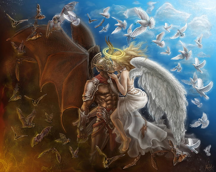 white angel kissing demon illustration, wings, kiss, Angel, the demon, pigeons, horns, bats, halo, HD wallpaper