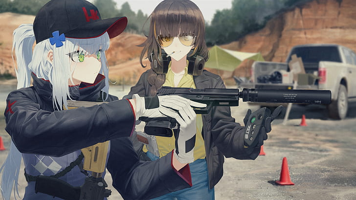 HK416（Girls Frontline）、m4a1（girls frontline）、弓、擬人化、車、銃、手袋、緑目、ポニーテール、長い髪、帽子、サングラス、武器、ヘッドフォン、白髪、黄色い目、 HDデスクトップの壁紙