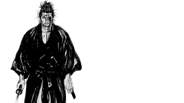 Vagabond, samurai, Miyamoto Musashi, Jepang, kimono, latar belakang sederhana, manga, monokrom, katana, Wallpaper HD