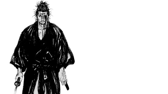 Vagabond, samurai, Miyamoto Musashi, Jepang, kimono, latar belakang sederhana, manga, monokrom, katana, Wallpaper HD HD wallpaper