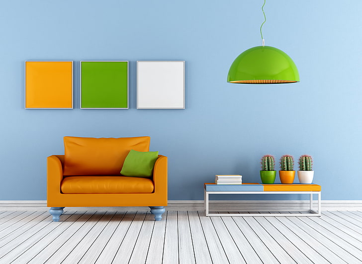 lampu gantung hijau, sofa, interior, sofa, desain penuh gaya, ruang berwarna-warni, ruang tamu penuh warna, Wallpaper HD