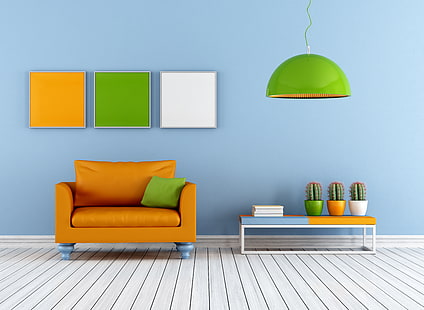 緑のペンダントランプ、ソファ、インテリア、ソファ、スタイリッシュなデザイン、カラフルなラウンジ、カラフルなリビングルーム、 HDデスクトップの壁紙 HD wallpaper