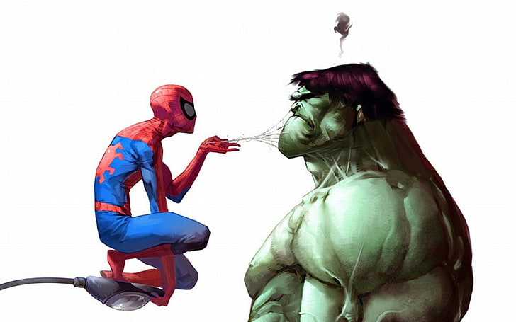 Marvel Spider-Man and Hulk ilustracja, Spider-Man, Marvel Comics, Hulk, grafika, humor, białe tło, Tapety HD