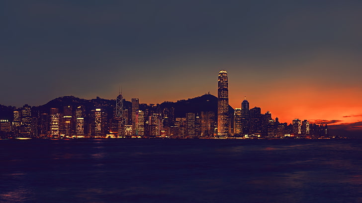 gedung tinggi beton hitam, kota, Hong Kong, kaki langit, Wallpaper HD