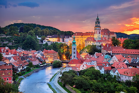 solnedgång, flod, byggnad, hem, Tjeckien, floden Vltava, Český Krumlov, Cesky Krumlov, floden Vltava, HD tapet HD wallpaper