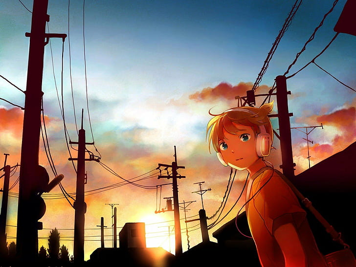 Anime Boys, słuchawki, Kagamine Len, Power Lines, Silhouette, światło słoneczne, słupek użytkowy, vocaloid, Tapety HD