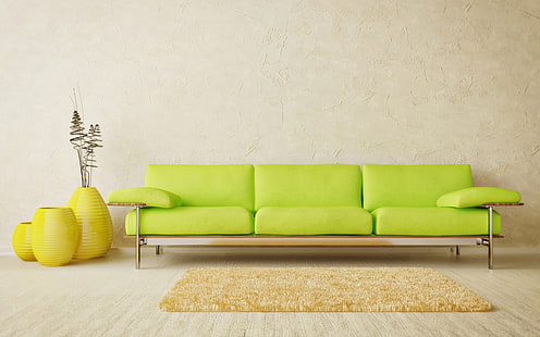 sofá verde acolchoado de tecido verde, interior, sala, estilo, design, luz, sofá minimalista, verde, vaso, amarelo, tapete, parquet, HD papel de parede HD wallpaper