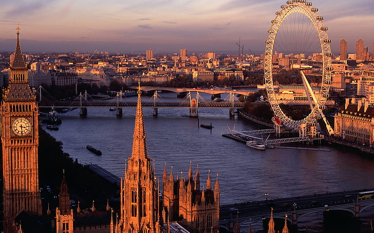 London Sunset, big, wheel, thames, olympics, HD wallpaper