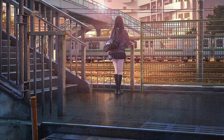 anime, pociąg, mundurek szkolny, anime girls, Tapety HD