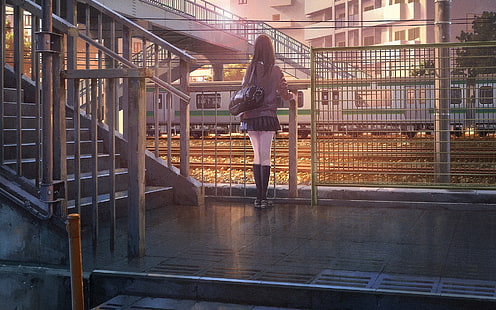 аниме, поезд, школьная форма, аниме девушки, HD обои HD wallpaper