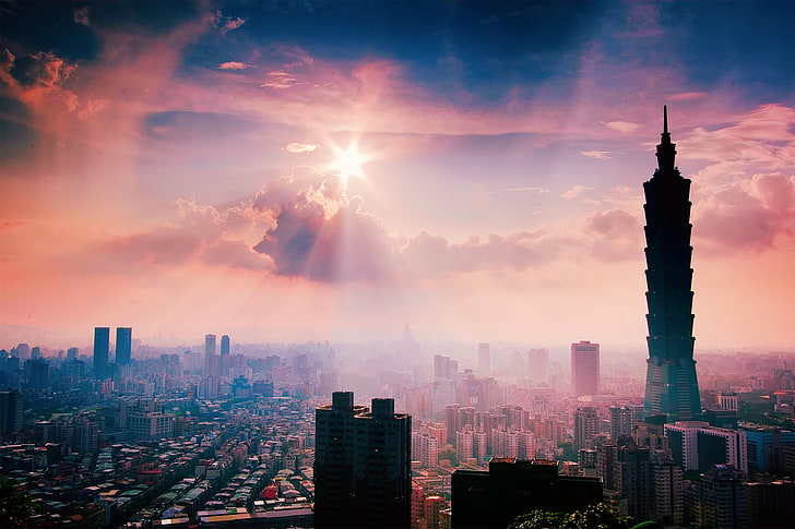 высотные здания, лето, солнце, город, после дождя, Тайбэй, небоскреб, провинция Тайвань, Китай, Тайбэй 101, HD обои