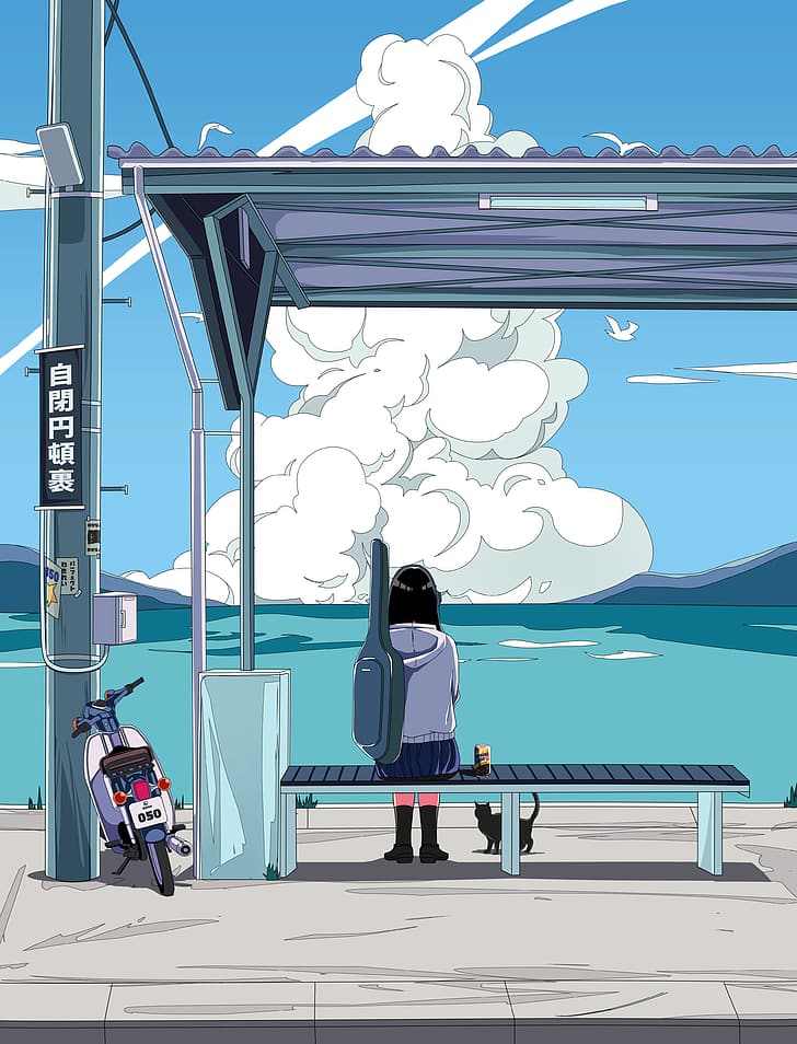ศิลปะดิจิตอล งานศิลปะ ภาพประกอบ นั่ง ผู้หญิง แมว เมฆ ป้ายรถเมล์ รถจักรยานยนต์, วอลล์เปเปอร์ HD, วอลเปเปอร์โทรศัพท์
