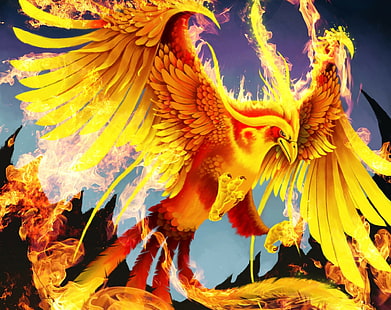 животни, птици, фантазия, огън, магически, феникс, HD тапет HD wallpaper