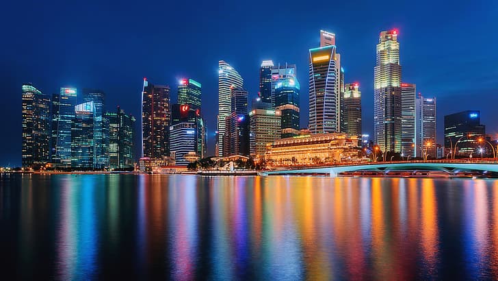 puente, edificio, casa, Singapur, ciudad de noche, rascacielos, Marina Bay, The Bay Marina Bay, Fondo de pantalla HD