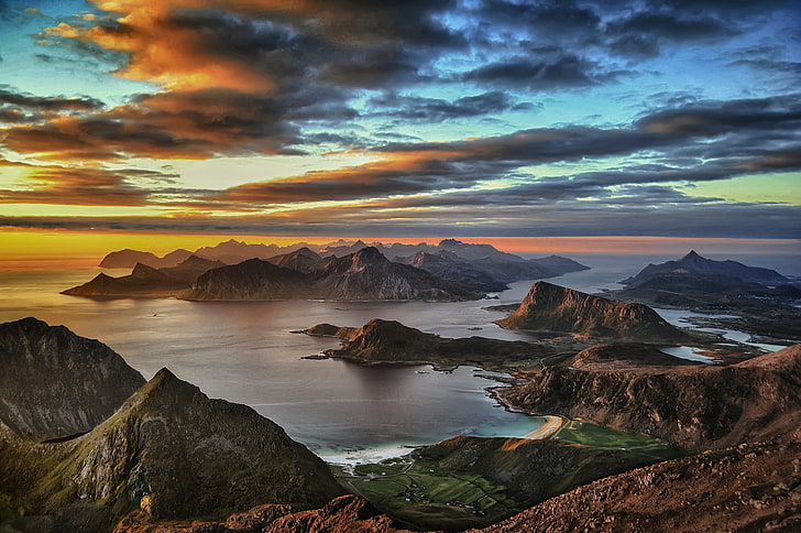plage, nuages, île, paysage, Lofoten, montagne, nature, Norvège, mer, été, coucher de soleil, Fond d'écran HD