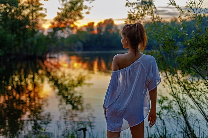 girl, nature, pose, river, blouse, shoulder, tunic, Leonid Mochulsky, HD wallpaper